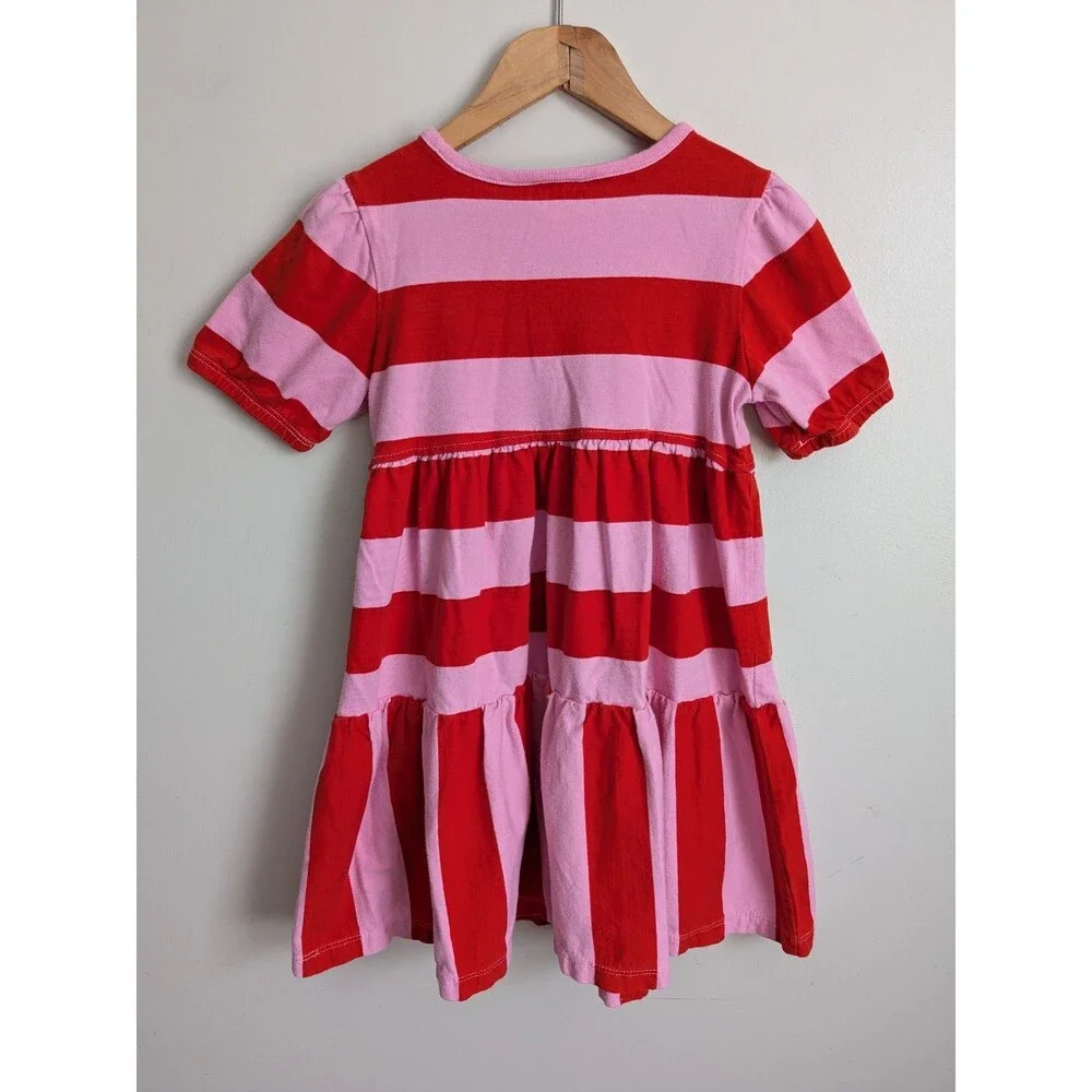 Hanna Andersson Girls 4 Striped Twirl Power Dress Red Pink 100% Cotton Knit